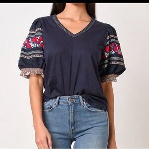 Anthropologie Navy Blue Embroidered Puff Sleeve V-Neck Blouse Shirt XS